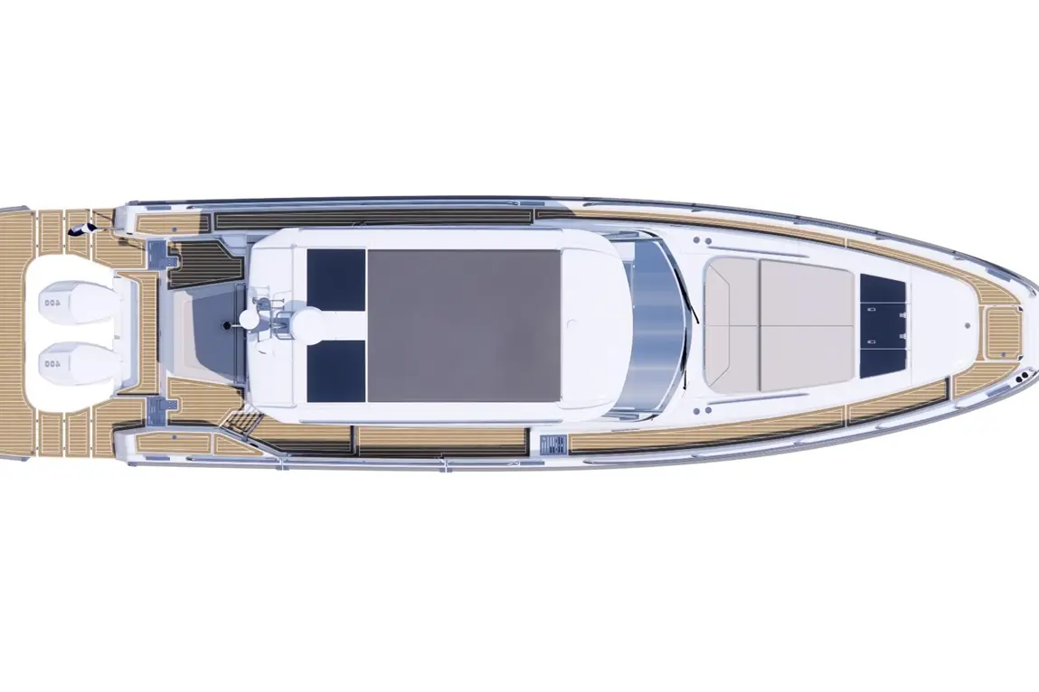 Top view of a luxury yacht featuring a spacious deck, two outboard engines, and a shaded seating area.