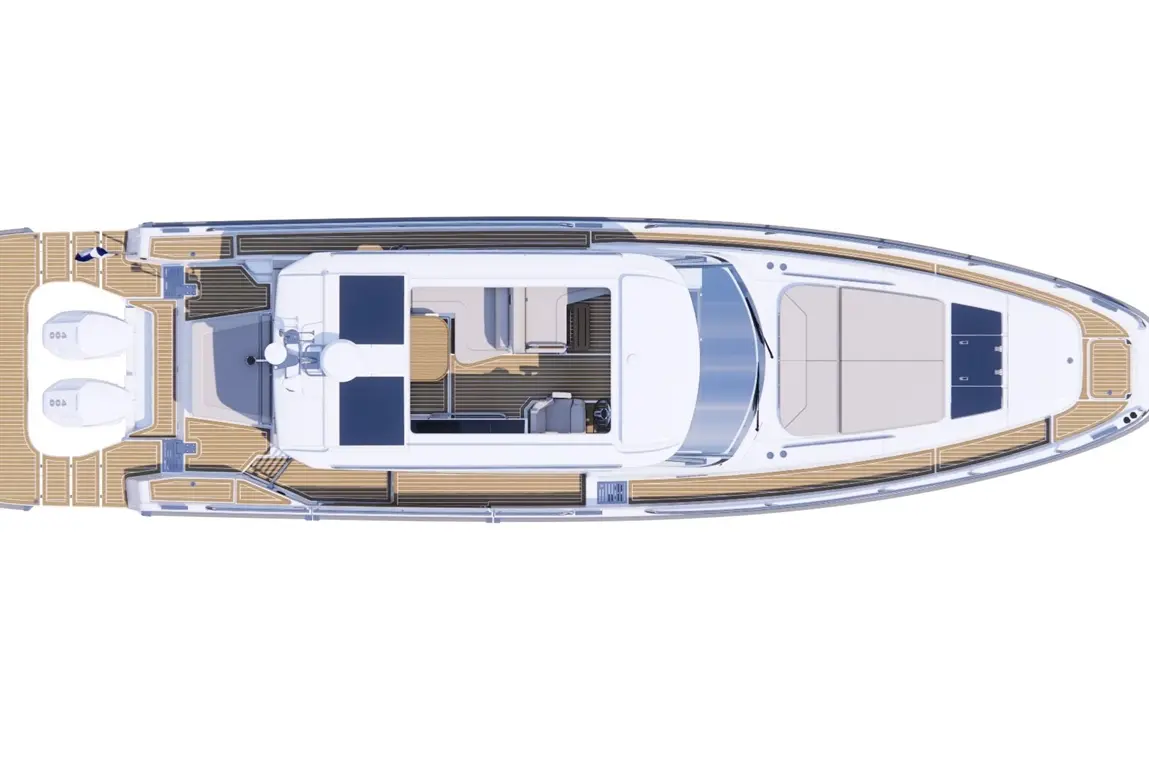 Top view of a sleek yacht featuring a spacious deck, lounging areas, and two engines at the rear, showcasing modern design.