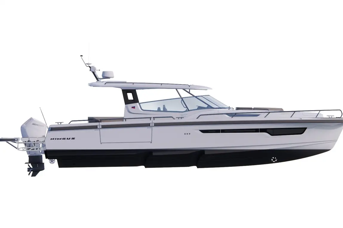 White Nimbus boat with a sleek design, featuring a Mercury outboard engine and large windows, set against a white background.