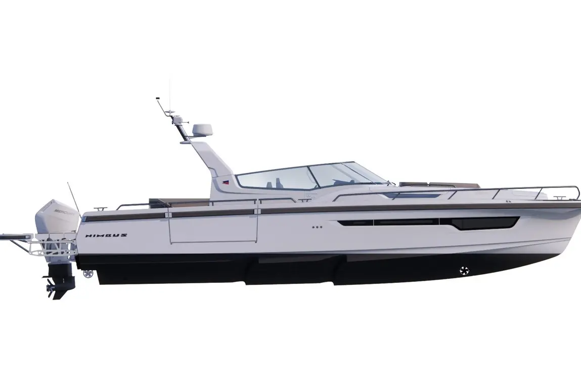 A sleek Nimbus boat viewed from the side, featuring an outboard motor and modern design elements.