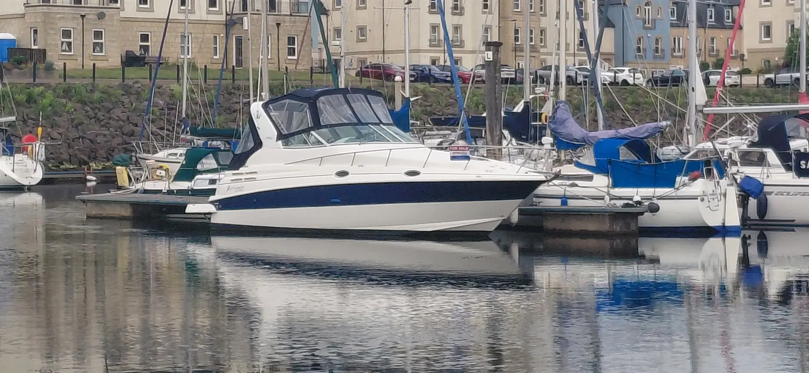 A motorboat with a blue and white design is docked in a marina with various yachts and buildings in the background.