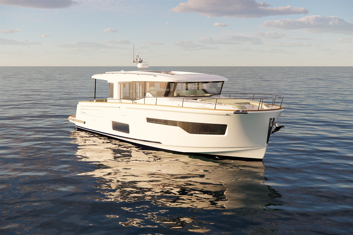 Modern white motor yacht gliding on calm waters under a clear sky, reflecting the boat's silhouette on the water surface.