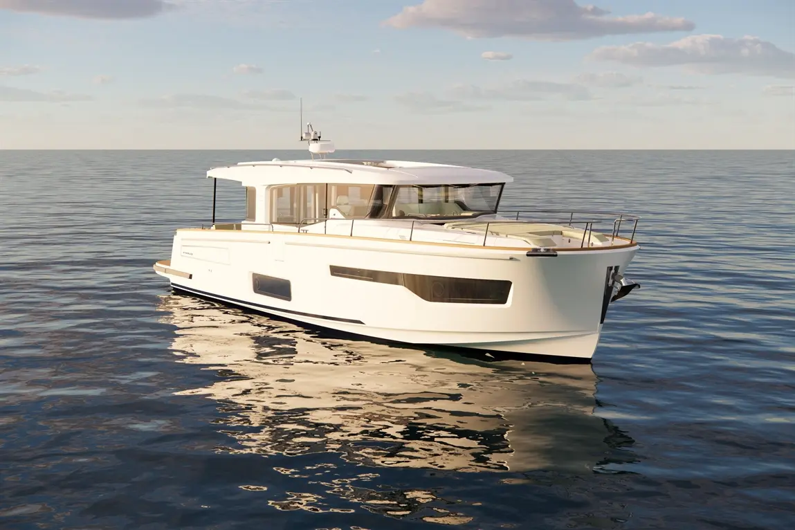 Modern white motor yacht gliding on calm waters under a clear sky, reflecting the boat's silhouette on the water surface.