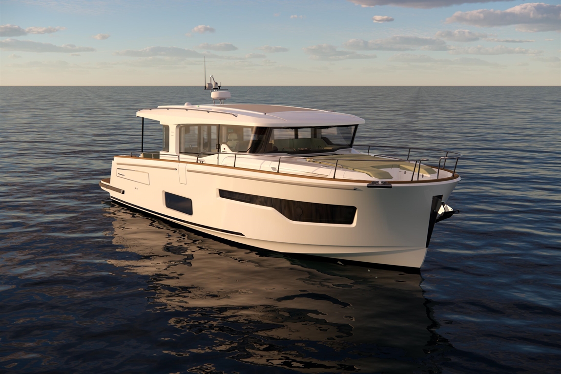 A modern motor yacht with sleek design docked on calm water, reflecting the sky and surrounding clouds.