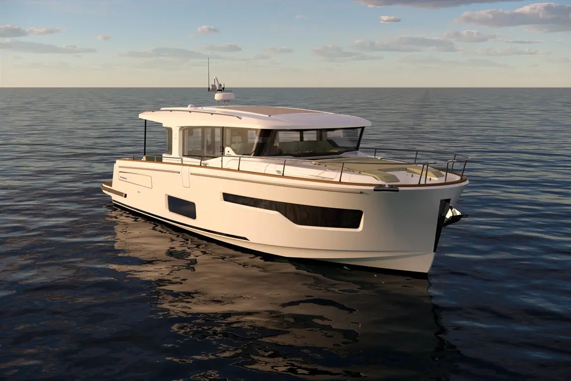 A modern motor yacht with sleek design docked on calm water, reflecting the sky and surrounding clouds.
