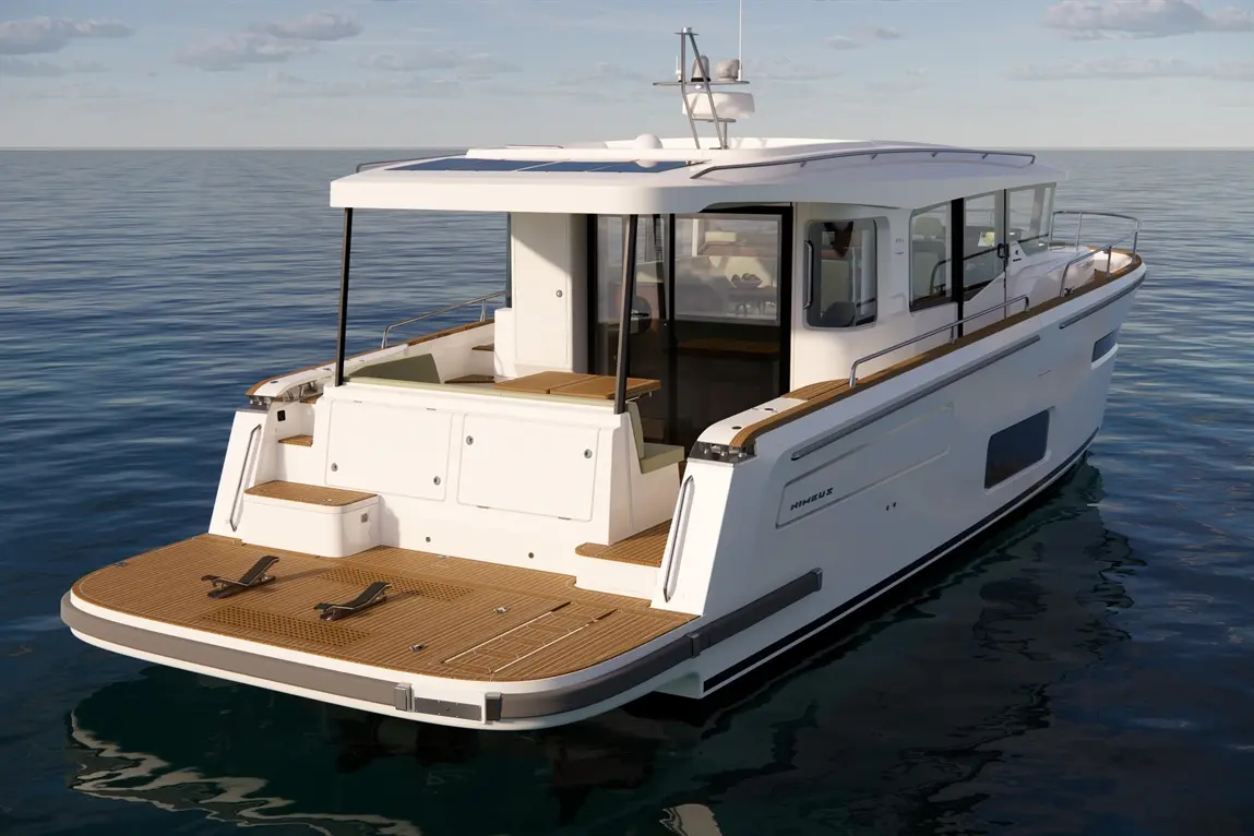 A modern motorboat with a wooden deck, docked on calm waters, featuring large windows and the name 'Nimbus' visible.