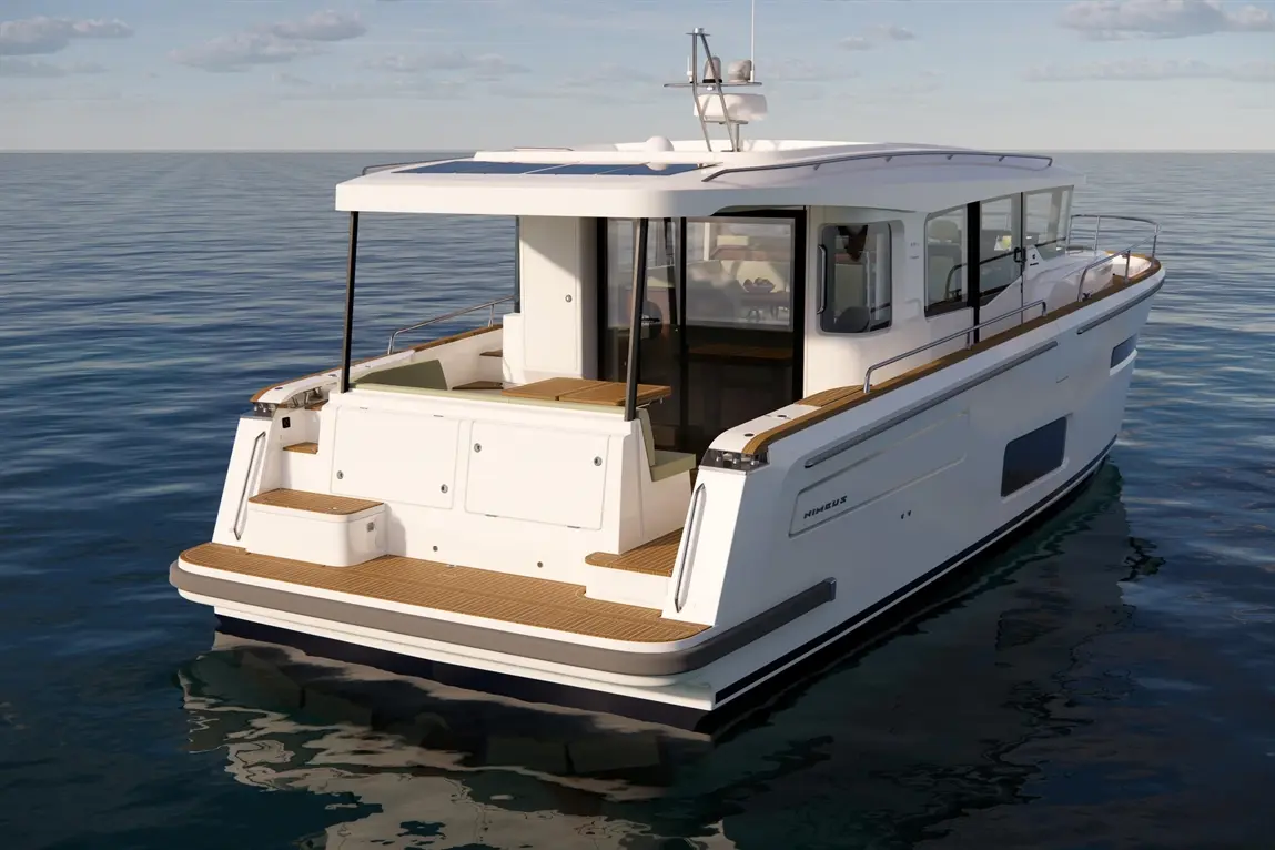 A modern white boat with wooden deck and glass cabin is anchored on calm water, showcasing a relaxing nautical scene.