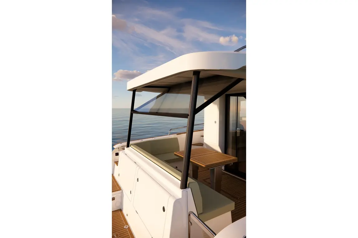 A stylish boat cockpit with a glass enclosure, featuring a cushioned bench and a wooden table, overlooking calm waters.