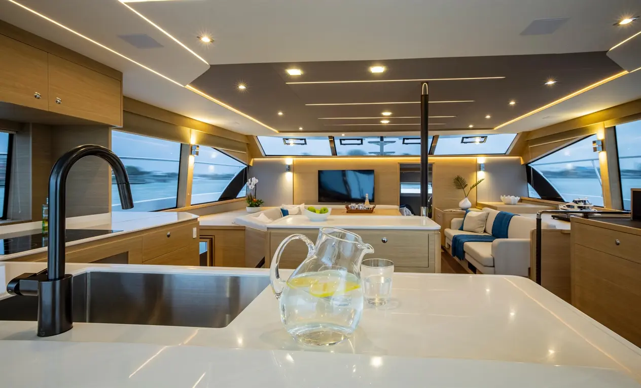 Modern yacht interior featuring a sleek kitchen, glass jug with lemon water, and stylish lounge area by large windows.