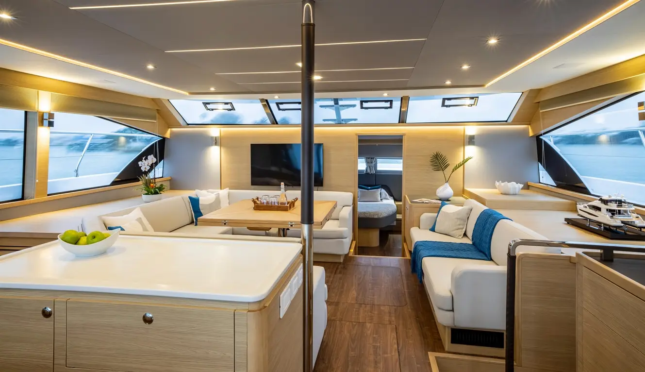 Modern yacht interior featuring elegant furnishings, large windows, a dining area, and decorative plants.