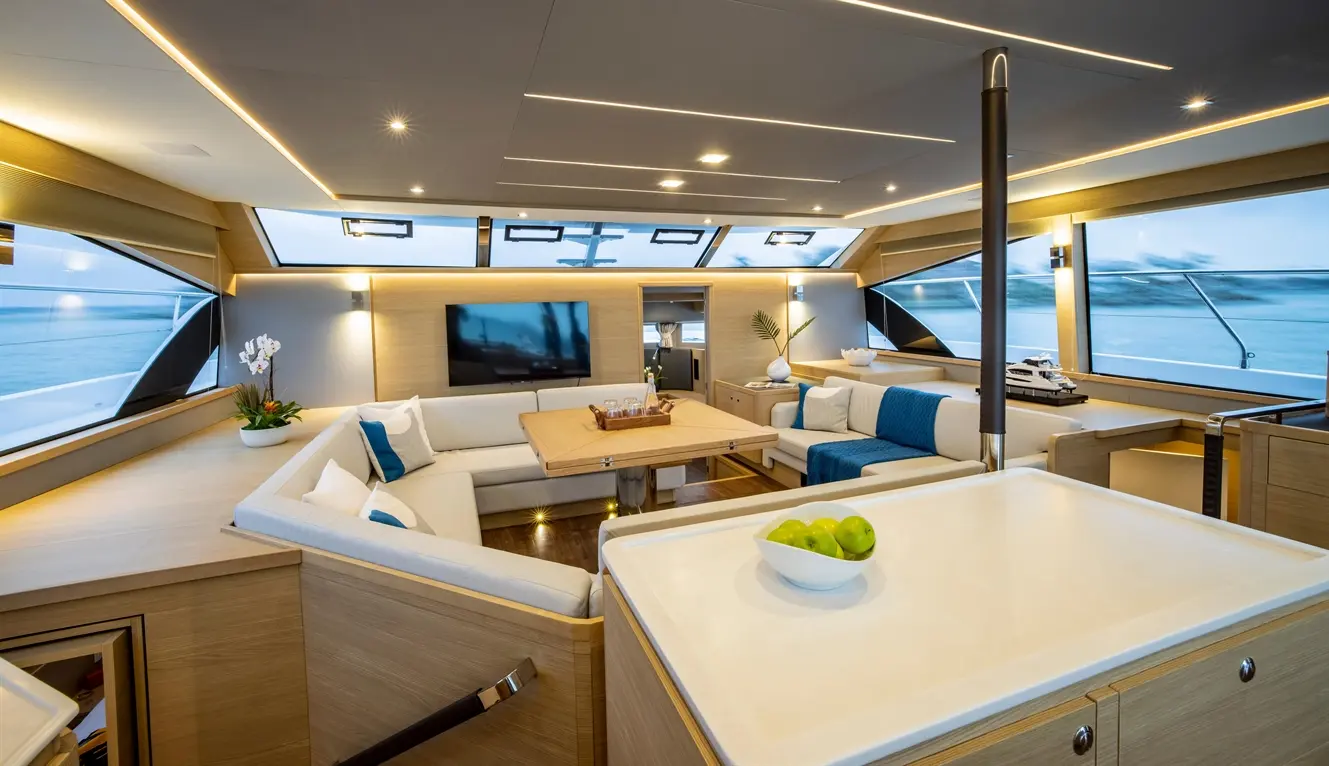 Luxurious yacht interior featuring a lounge area with a dining table, plush seating, large windows, and modern decor.