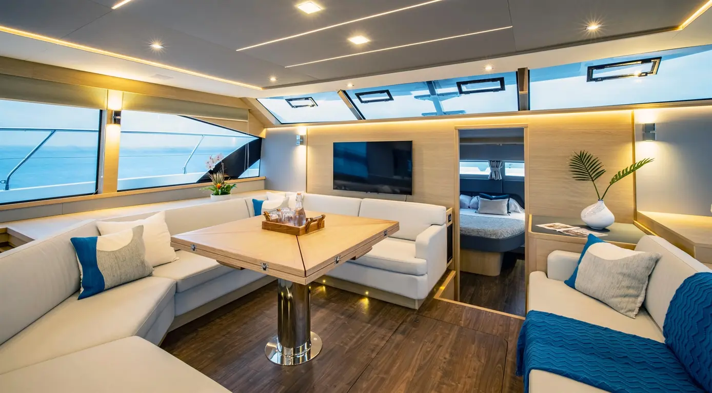 Modern yacht interior featuring a spacious lounge, large windows, a central table, and stylish furnishings with ocean views.