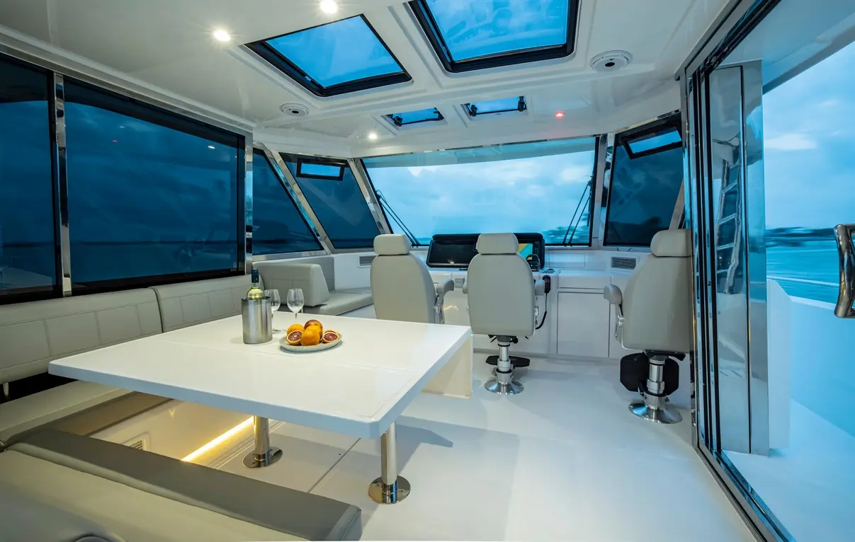 Interior of a luxury yacht featuring a white table, seating area, and panoramic windows with a bottle of wine and pastries.
