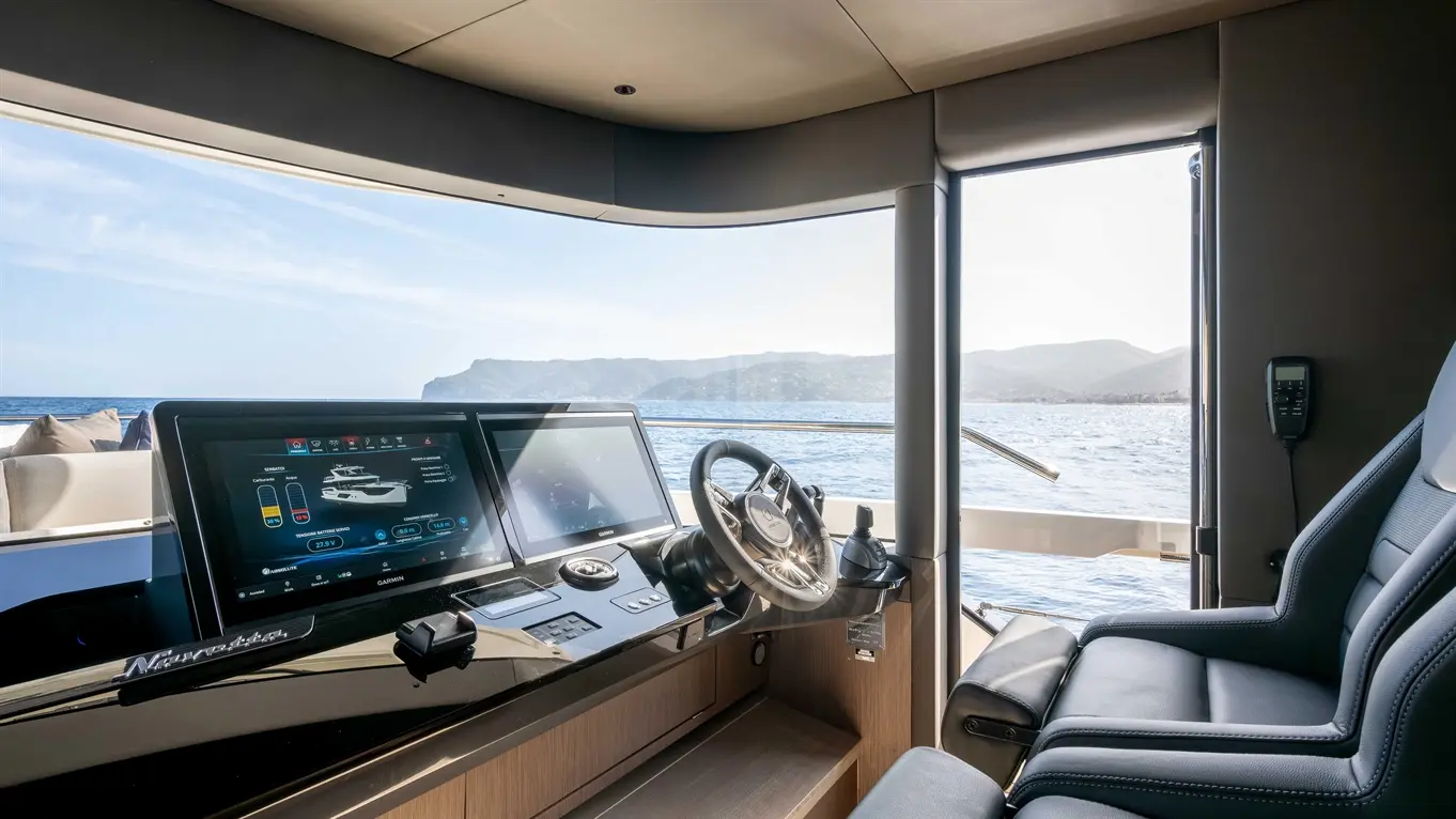 Modern yacht interior featuring a sleek helm with navigation screens and steering wheel, overlooking calm waters and mountains.