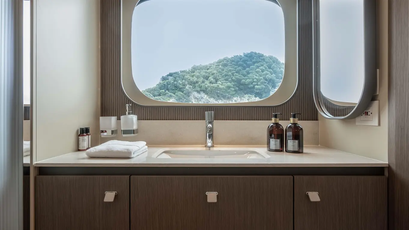 A modern bathroom with a stylish sink, wooden cabinetry, and large window overlooking green hills. Bath products are visible.
