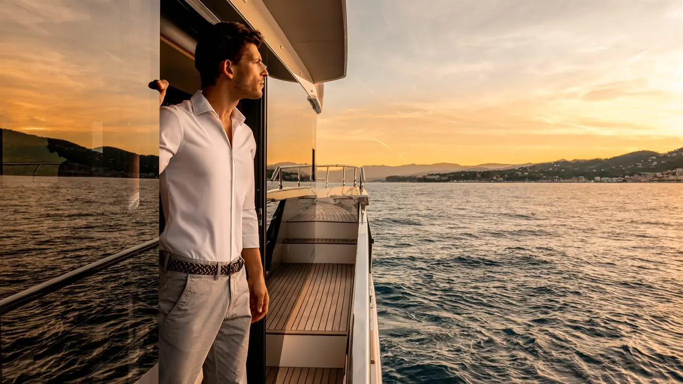 Man in a white shirt gazes at the sunset over calm waters from a luxury boat, with hills and coastline in the background.