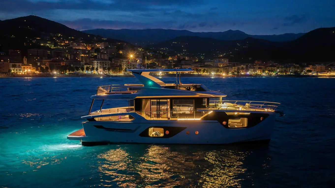 A modern yacht illuminated at night, moored in a harbour with a scenic view of glowing shoreline and mountains.