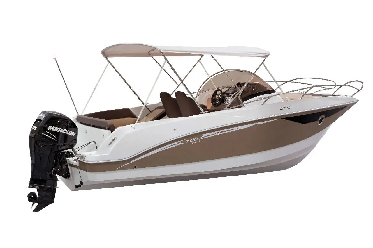 A modern boat with a Mercury engine, featuring a tan and white design and seating for leisure activities.
