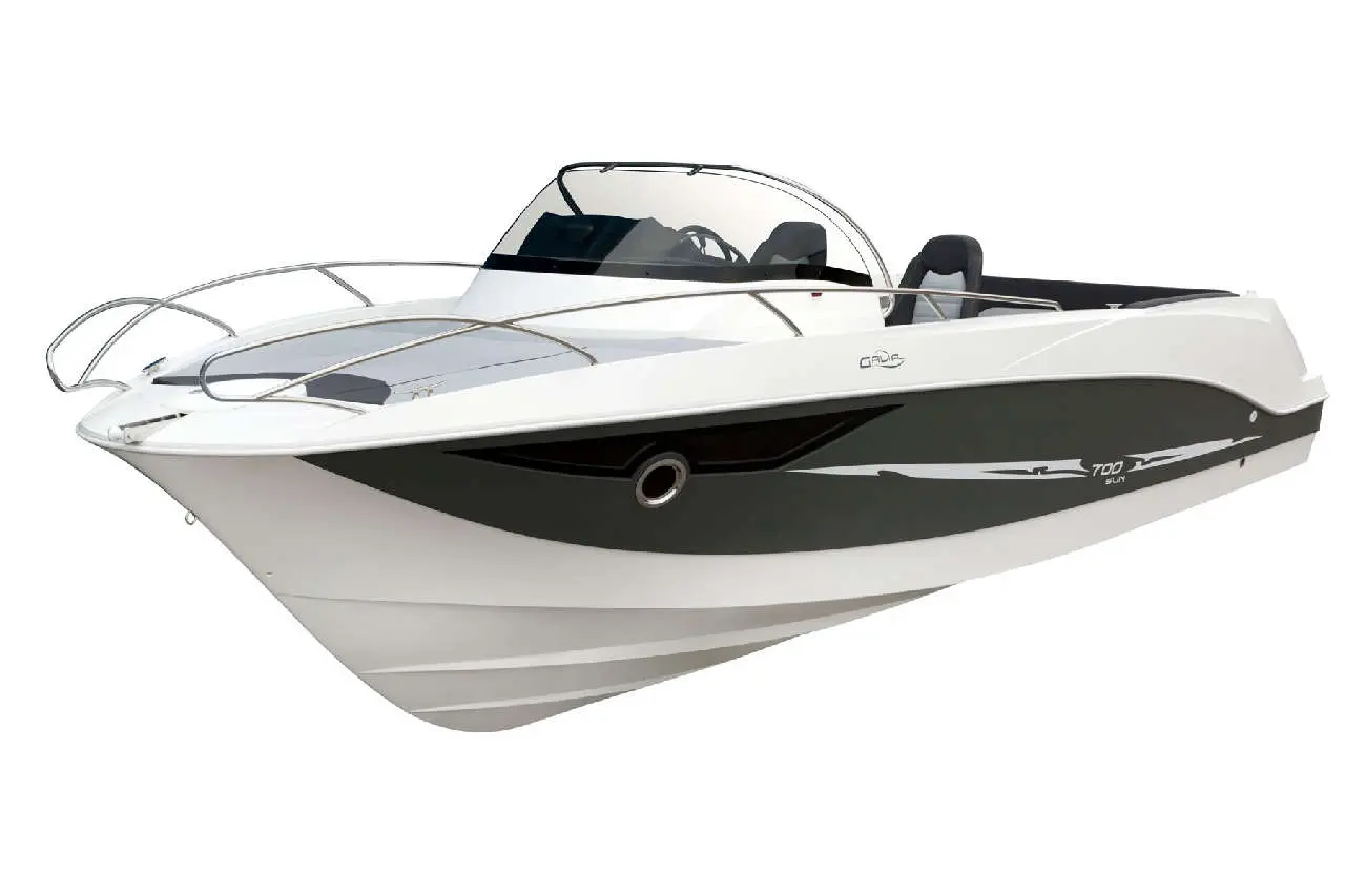 White and grey motorboat with a sleek design, showing the cockpit and seating area, labelled '700 Sun'.