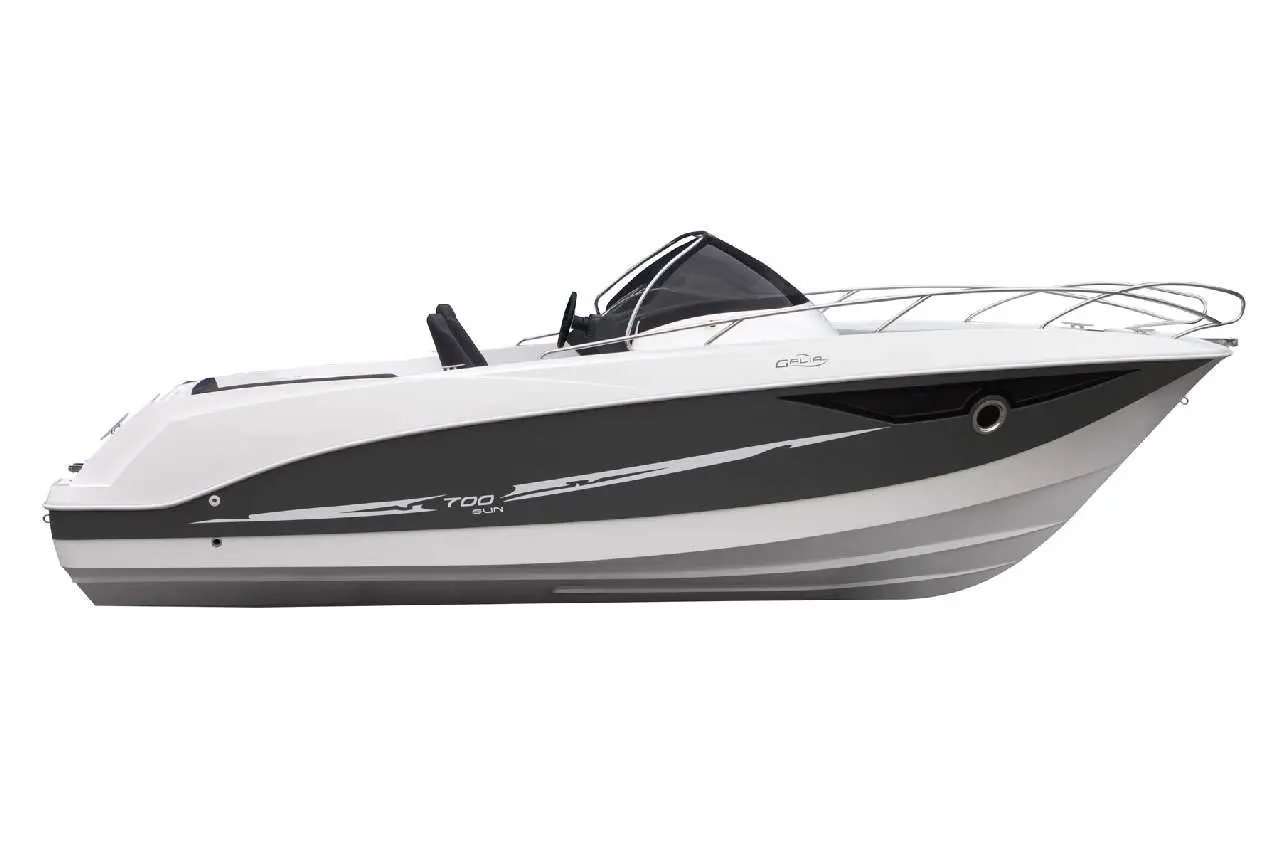 Side view of a sleek white and grey motorboat, marked '700 SUN', showcasing its modern design and polished features.
