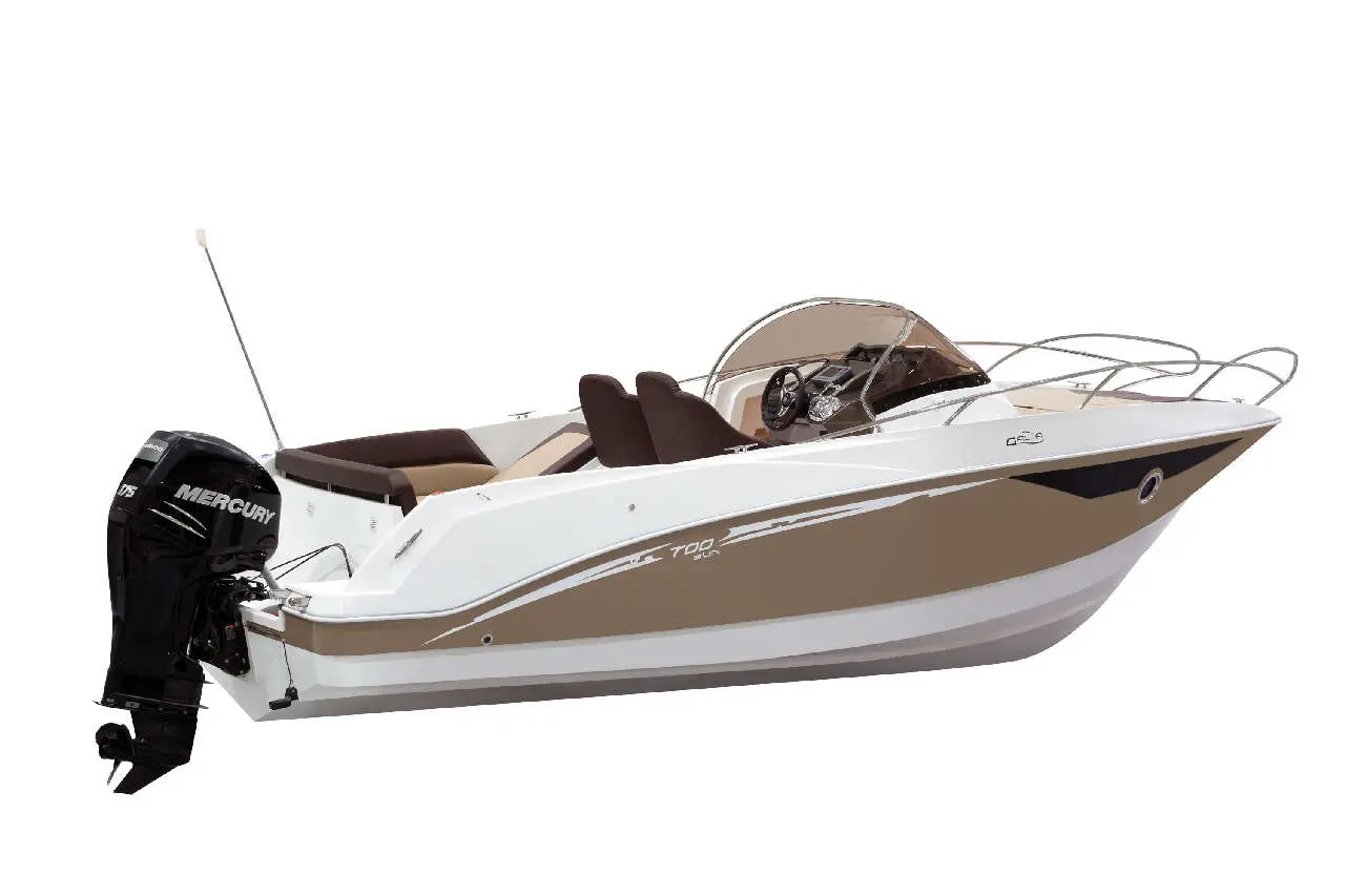 A sleek motorboat with a brown and white design, featuring a Mercury engine and spacious seating for passengers.