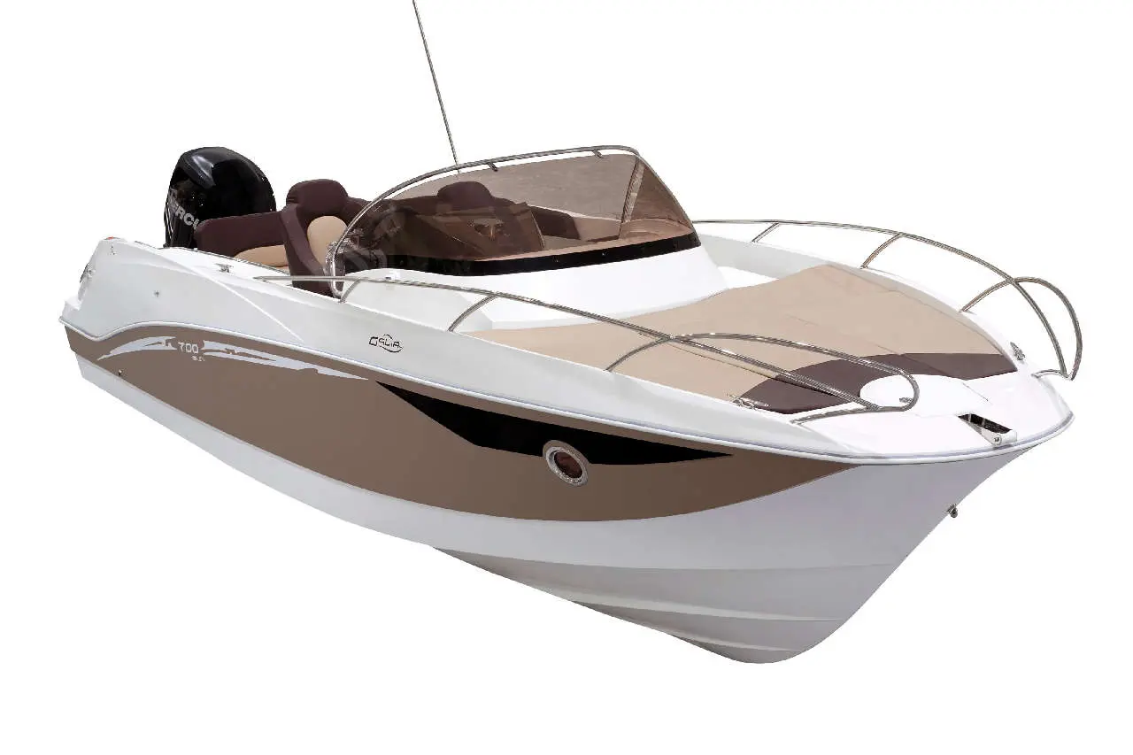 A sleek white and brown motorboat with a clear windshield and an outboard engine, resting against a white background.