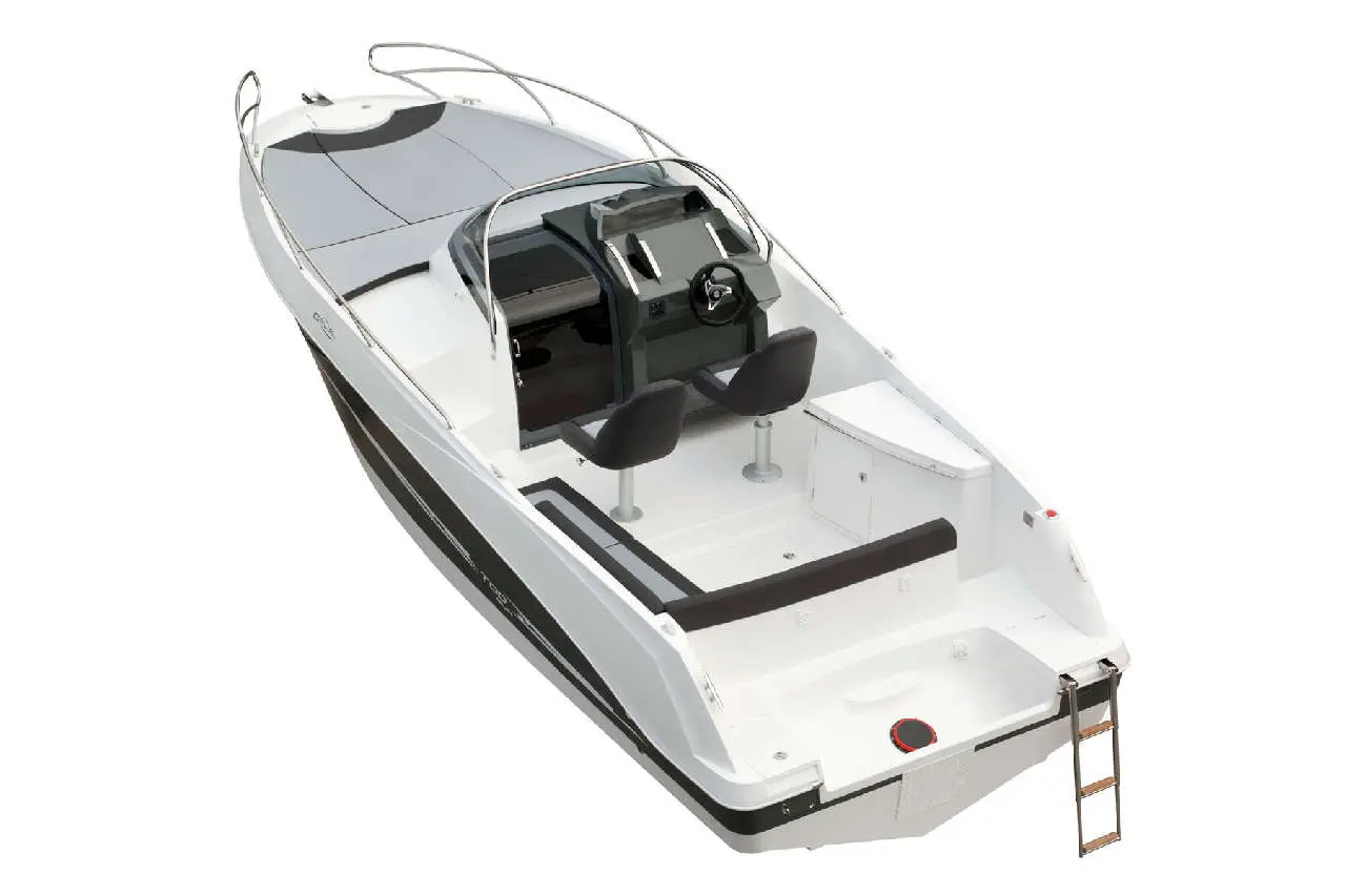 A sleek motorboat featuring two seats, steering console, and a swim ladder, designed for recreational use.